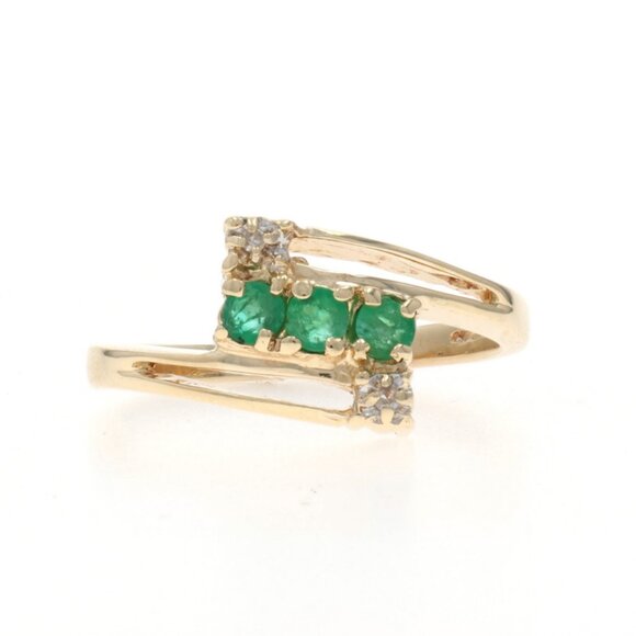 Yellow Gold Emerald Diamond Bypass Ring - 10k Round .31ctw Three-Stone